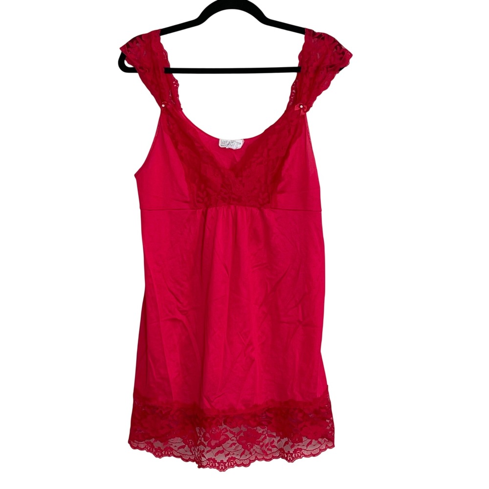Vassarette Vintage Red Lace Trim Babydoll‎ Chemise Nightgown Size M Made in USA
